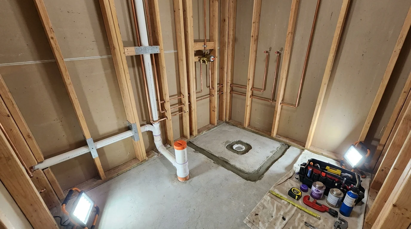 Bathroom rough-in plumbing during remodel by Johns Plumbing LLC in Arnaudville