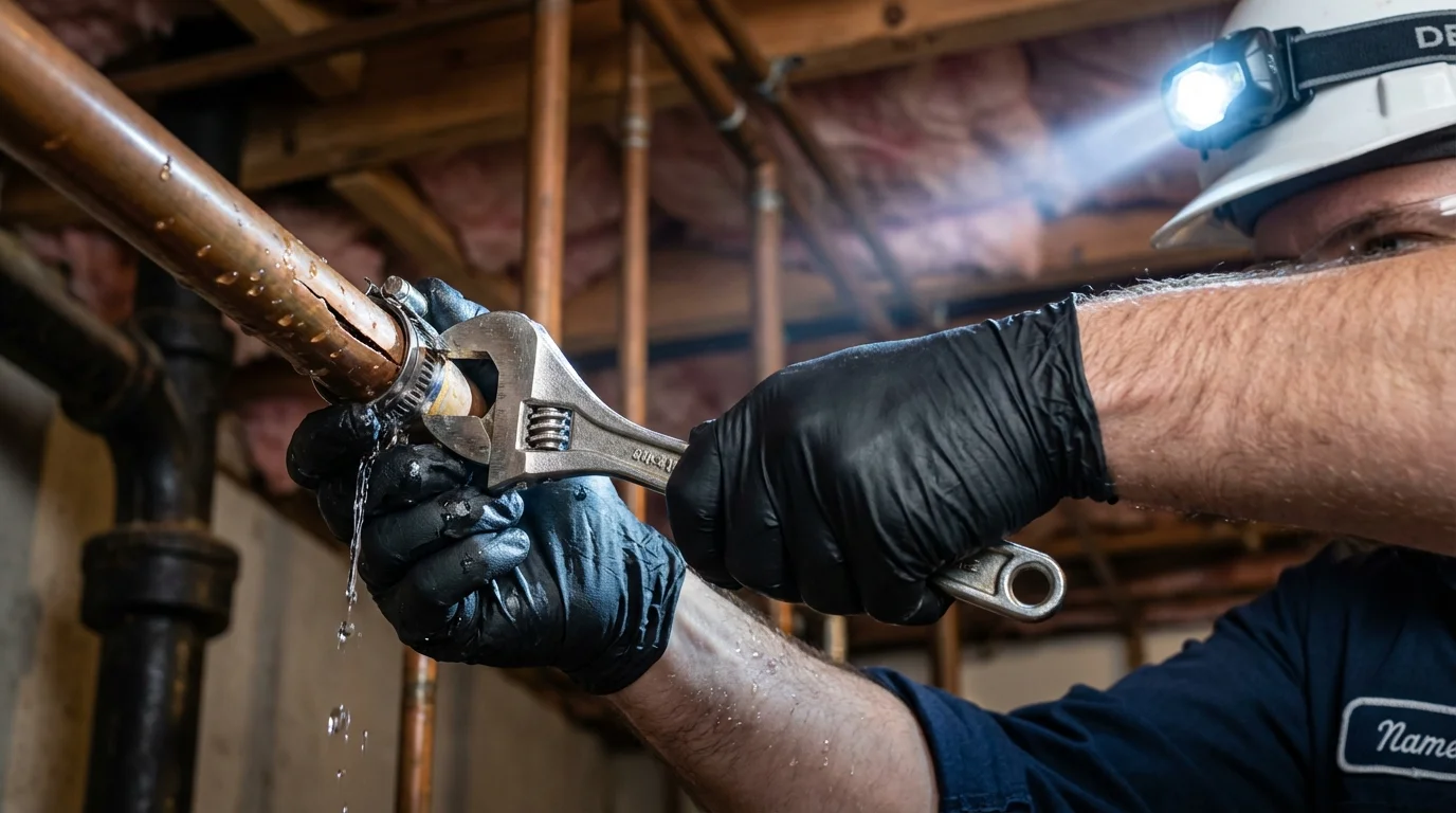 Emergency pipe clamp repair being performed by a Johns Plumbing LLC plumber in Arnaudville