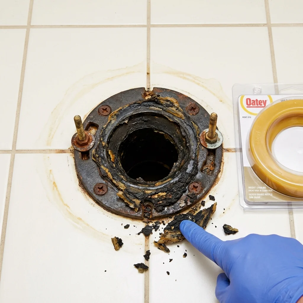 Failed wax ring showing water seepage at the base of a toilet in a Arnaudville, LA home
