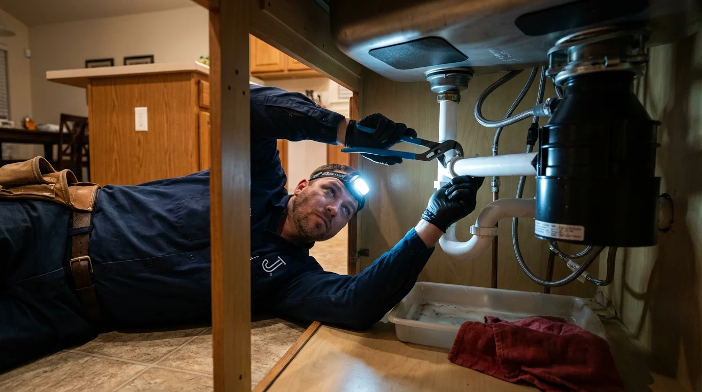 P-trap and supply line connections under a kitchen sink showing a common leak point in Arnaudville, LA